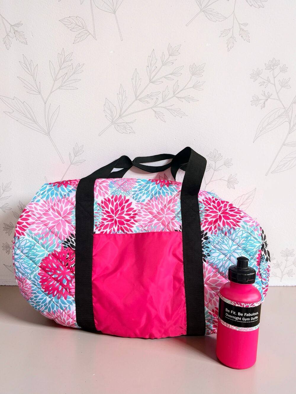 Be Fit Be Fabulous Overnight Gym Duffle Bag Floral Quilted + Water Bottle NWT